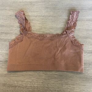 Garage Brown Lace Ribbed Top